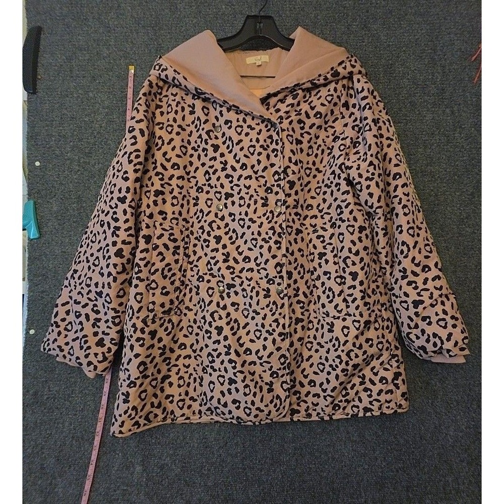 Easel Coat Womens Large Pink Leopard Print Hooded Quilted Snap Parka Lined